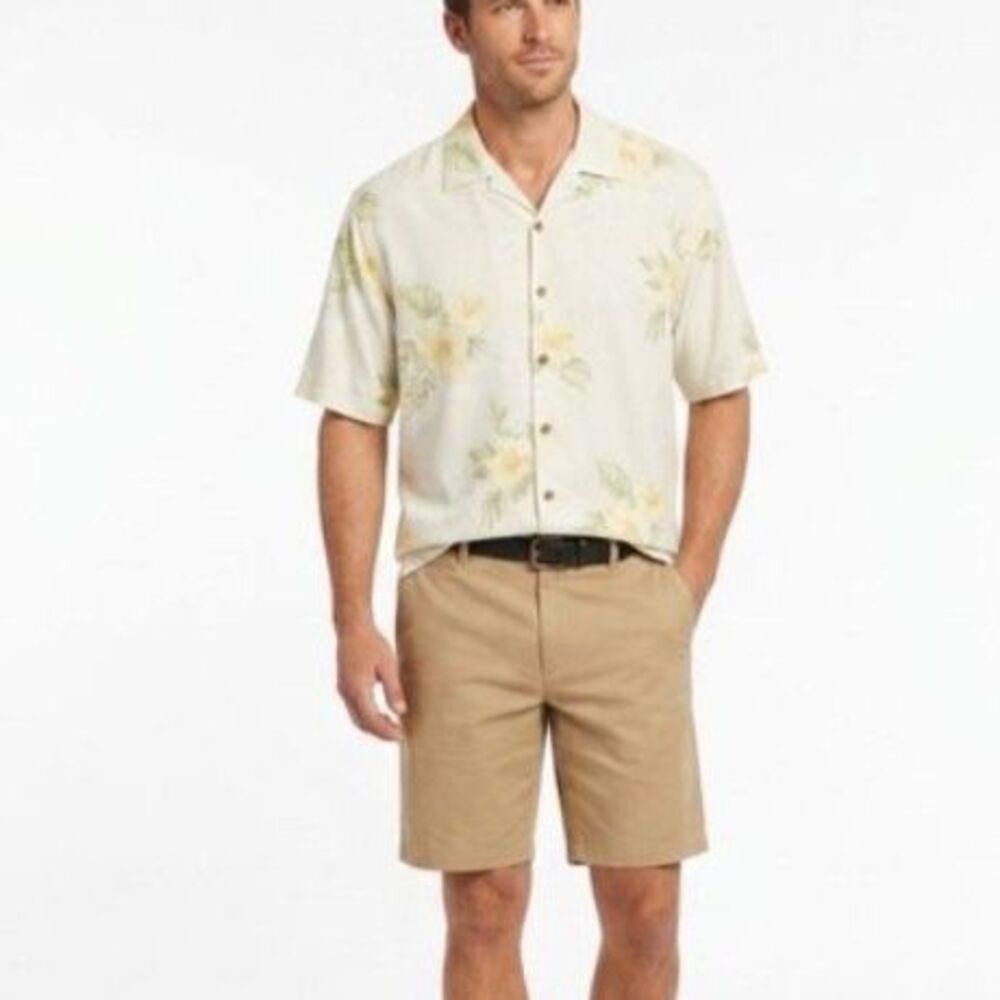 Tommy Bahama Mens Yellow Tropical Floral Palm Tree 100% Silk Hawaiian Shirt Sz M